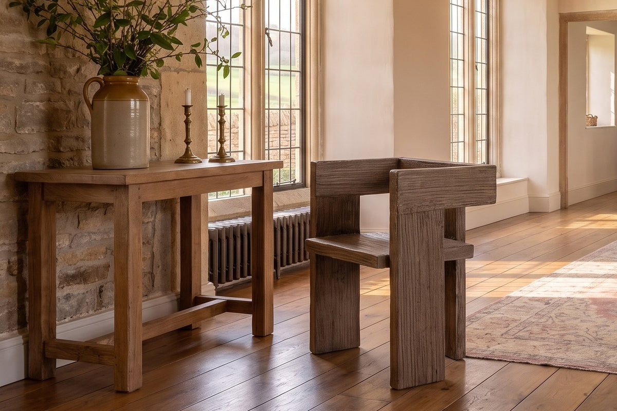 Placanica Sculptural Block Reclaimed Elm Dining Chair in an English country dining room