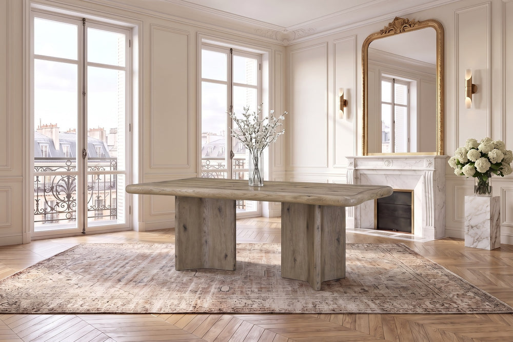 Plataci 84-Inch Organic-Edge Knotty Oak Veneer Dining Table in a Paris salon