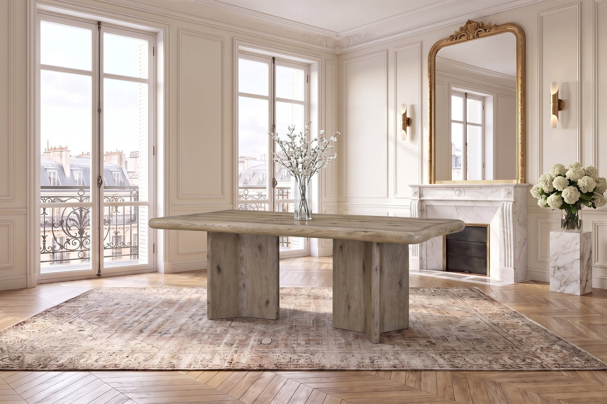 Plataci 84-Inch Organic-Edge Knotty Oak Veneer Dining Table in a Paris salon