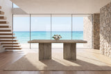 Plataci 84-Inch Organic-Edge Knotty Oak Veneer Dining Table in an oceanfront glass house