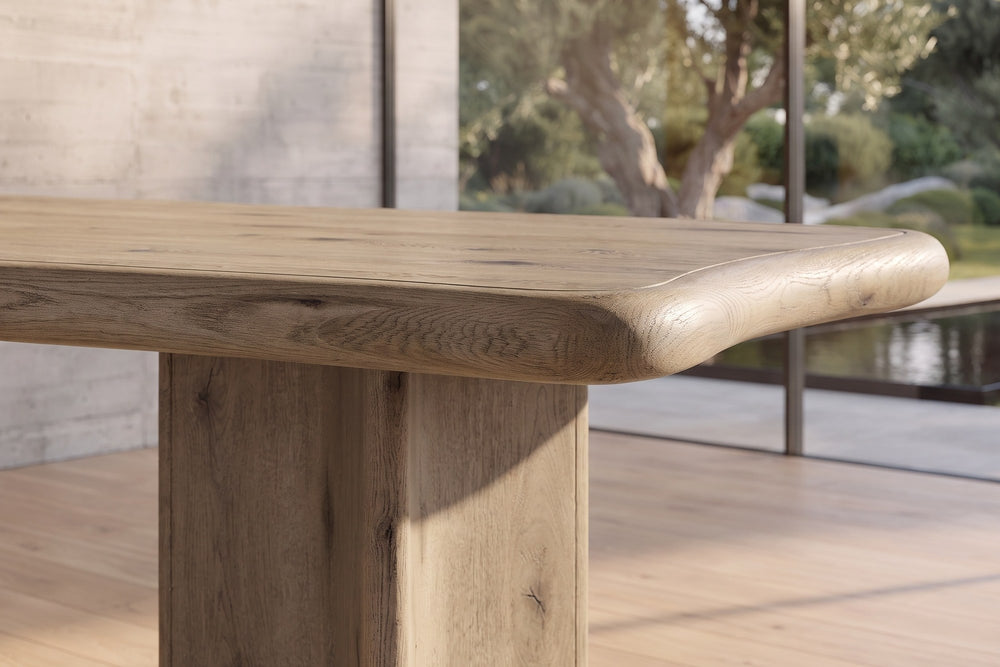 Close-up of the Plataci 84-Inch Organic-Edge Knotty Oak Veneer Dining Table: edge
