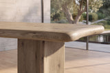 Close-up of the Plataci 84-Inch Organic-Edge Knotty Oak Veneer Dining Table: edge