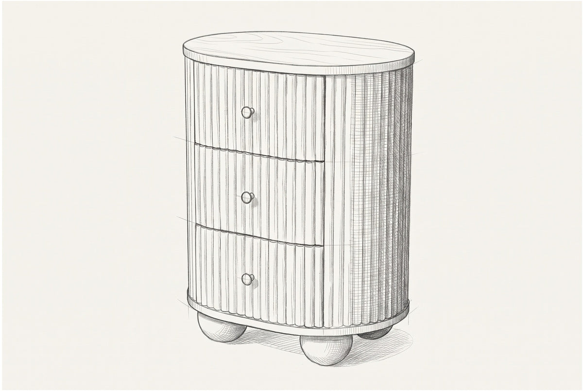 Pencil sketch of the Ploaghe nightstand, drawn from the same three-quarter view
