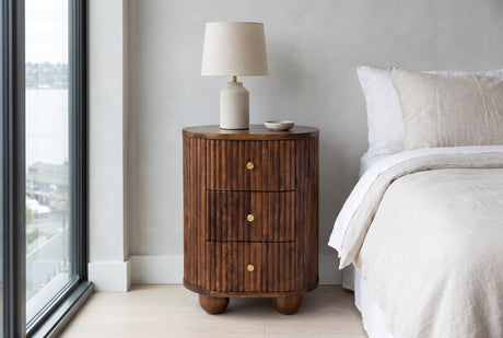 Ploaghe Chestnut Mango Fluted Oval 3-Drawer Nightstand