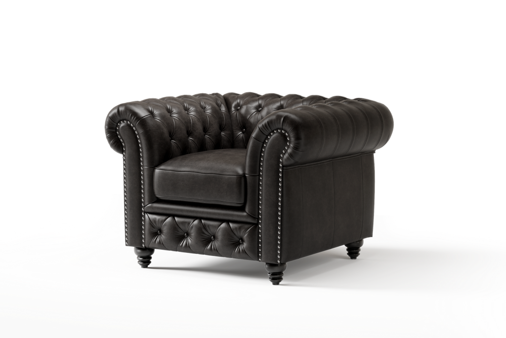 Valencia Parma Full Aniline Leather Chesterfield Single Sofa Accent Chair, Black Color