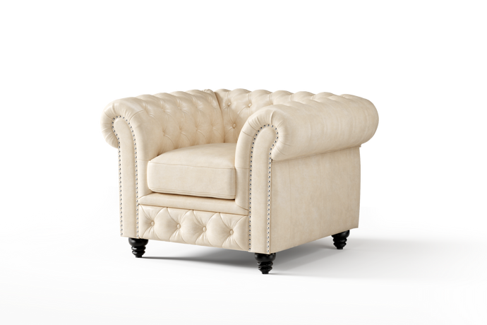 Valencia Parma Full Aniline Leather Chesterfield Single Sofa Accent Chair, Beige Color