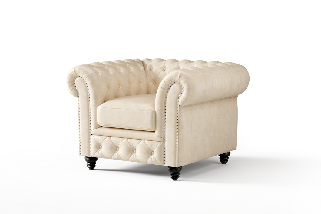 Valencia Parma Full Aniline Leather Chesterfield Single Sofa Accent Chair, Antique White Color