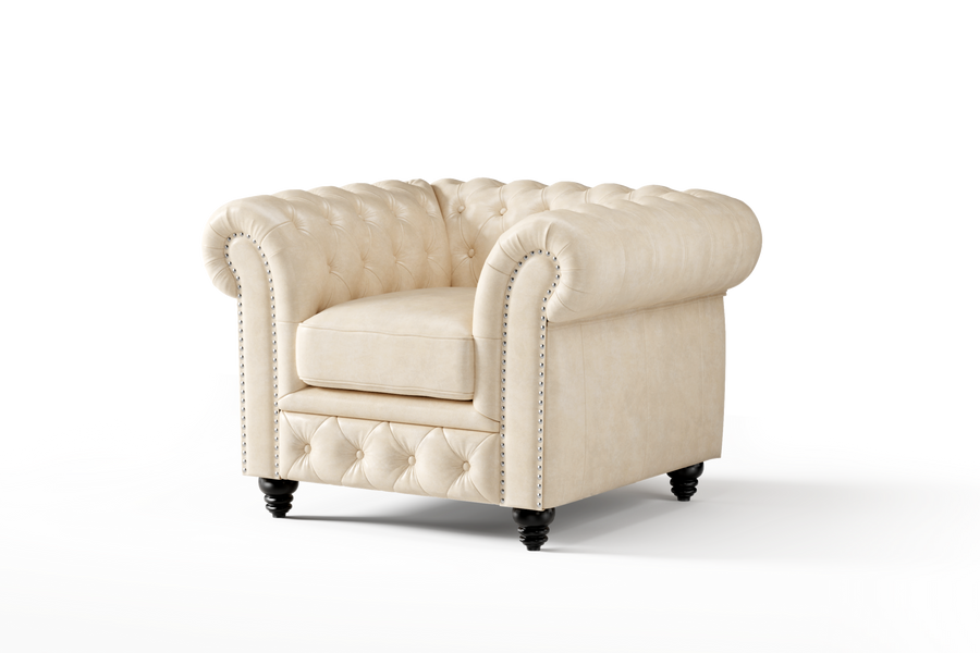 Valencia Parma Full Aniline Leather Chesterfield Single Sofa Accent Chair, Antique White Color