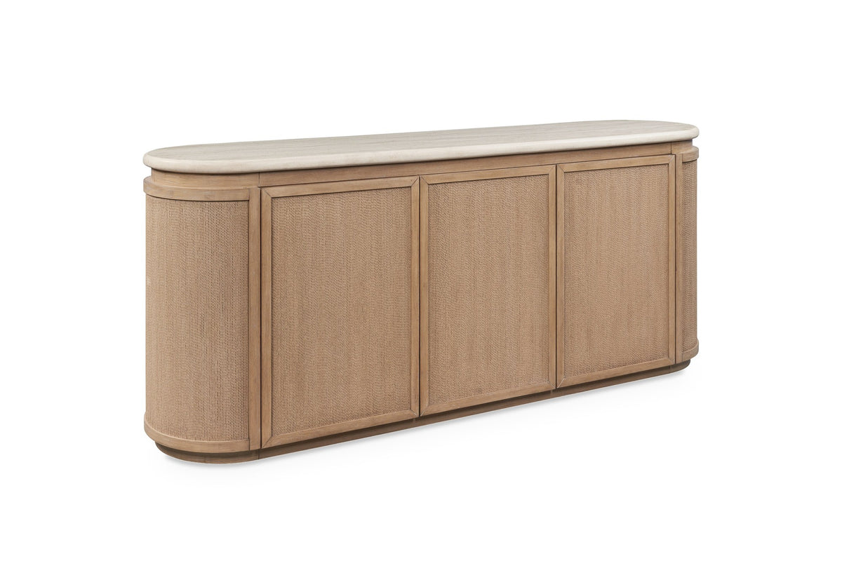 Polia 72-Inch 3-Door Rope-Front Oak Veneer Sideboard with Stone Top on a white background