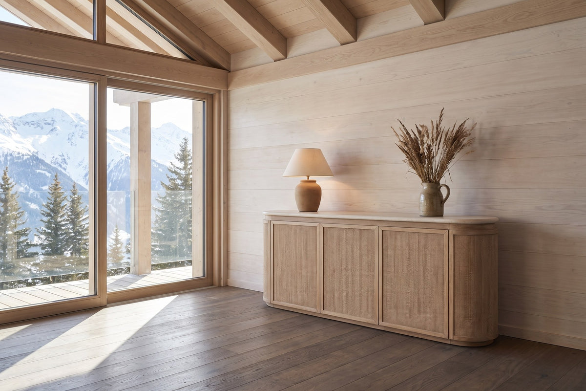 Polia 72-Inch 3-Door Rope-Front Oak Veneer Sideboard with Stone Top in an alpine chalet
