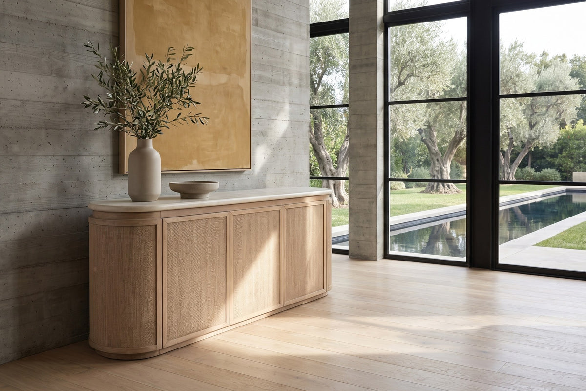 Polia 72-Inch 3-Door Rope-Front Oak Veneer Sideboard with Stone Top in a sunlit villa dining room