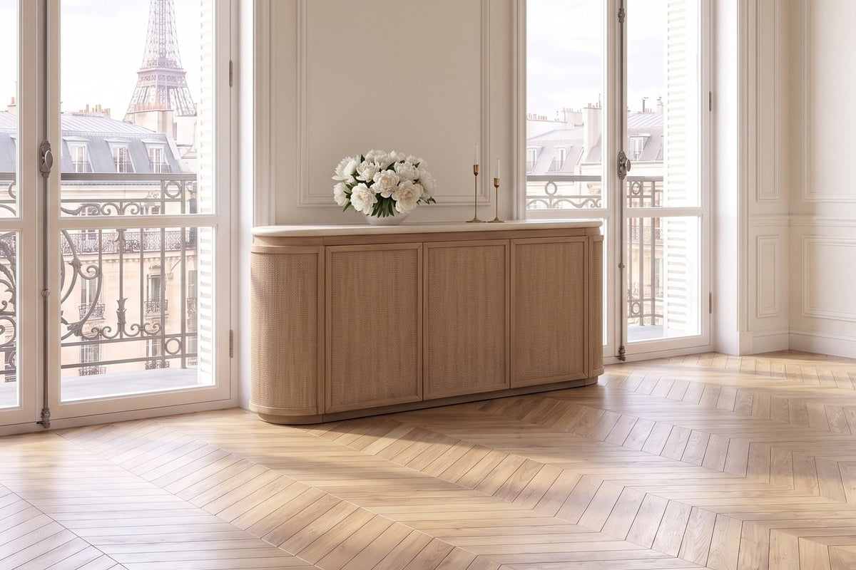 Polia 72-Inch 3-Door Rope-Front Oak Veneer Sideboard with Stone Top in a Paris salon