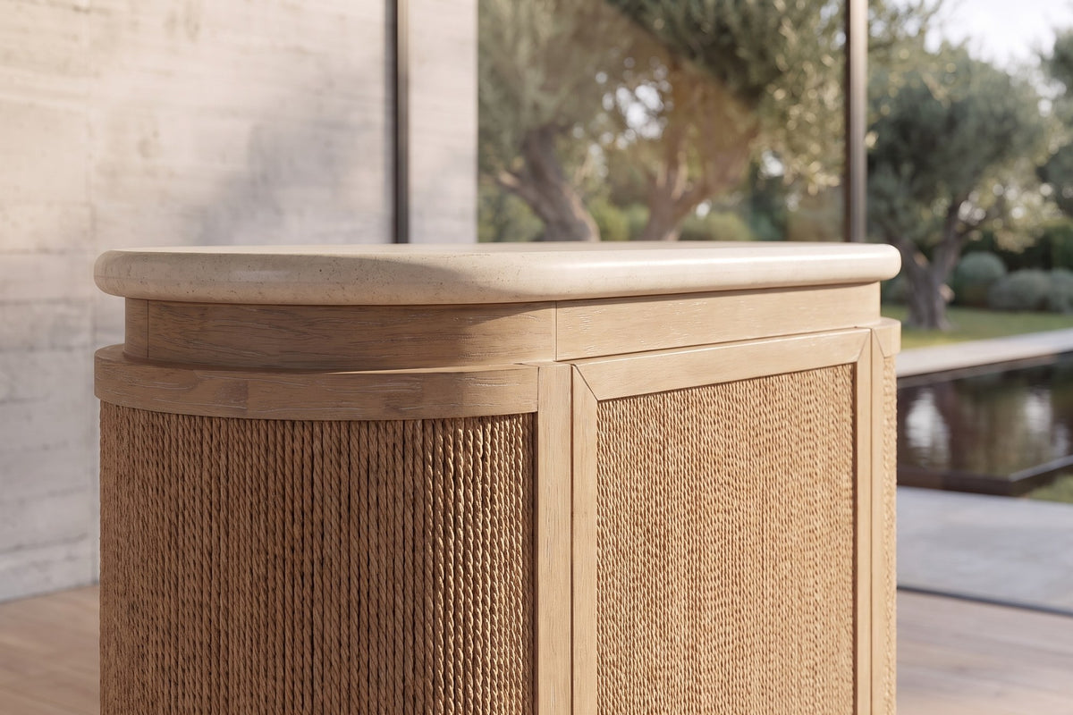 Close-up of the Polia 72-Inch 3-Door Rope-Front Oak Veneer Sideboard with Stone Top: stone edge