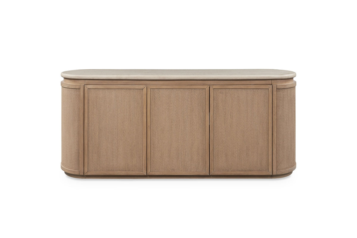 Polia 72-Inch 3-Door Rope-Front Oak Veneer Sideboard with Stone Top, front view