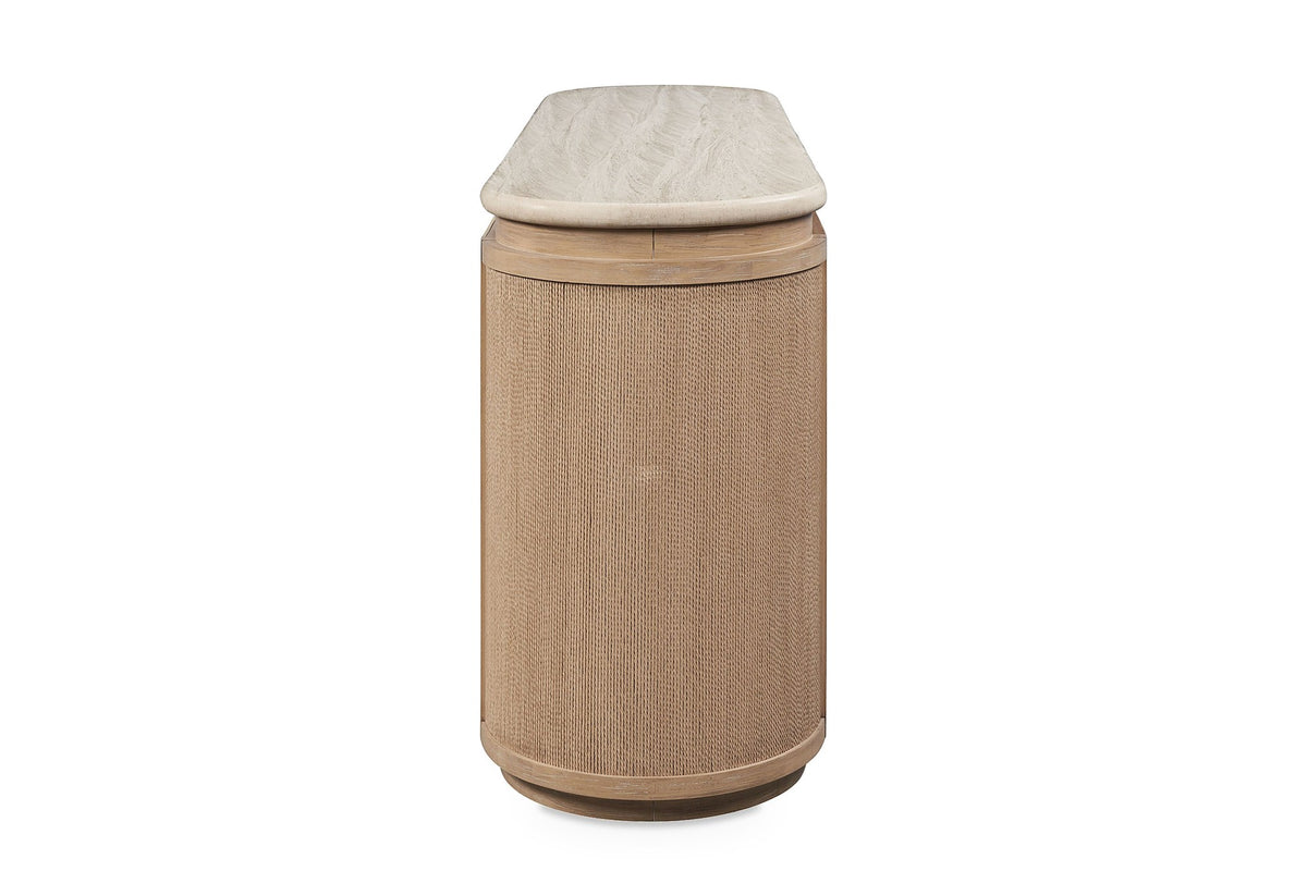 Polia 72-Inch 3-Door Rope-Front Oak Veneer Sideboard with Stone Top, side view