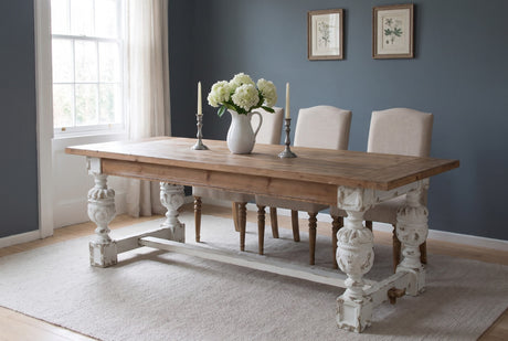 Policoro 79-Inch Fir Plank Carved Urn-Leg Dining Table