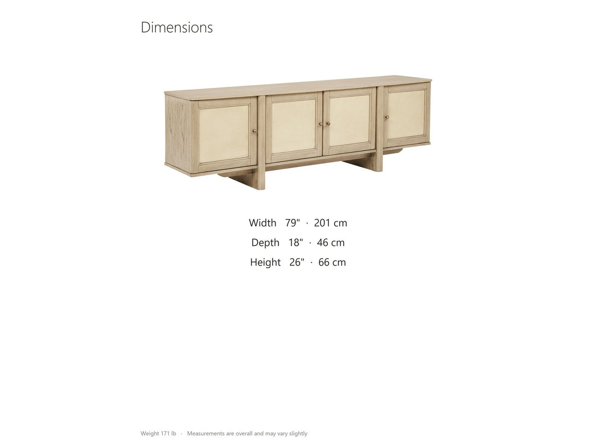 Polignano Oak and Cane Media Console dimensions: 79.0 in wide, 18.0 in deep, 26.0 in high