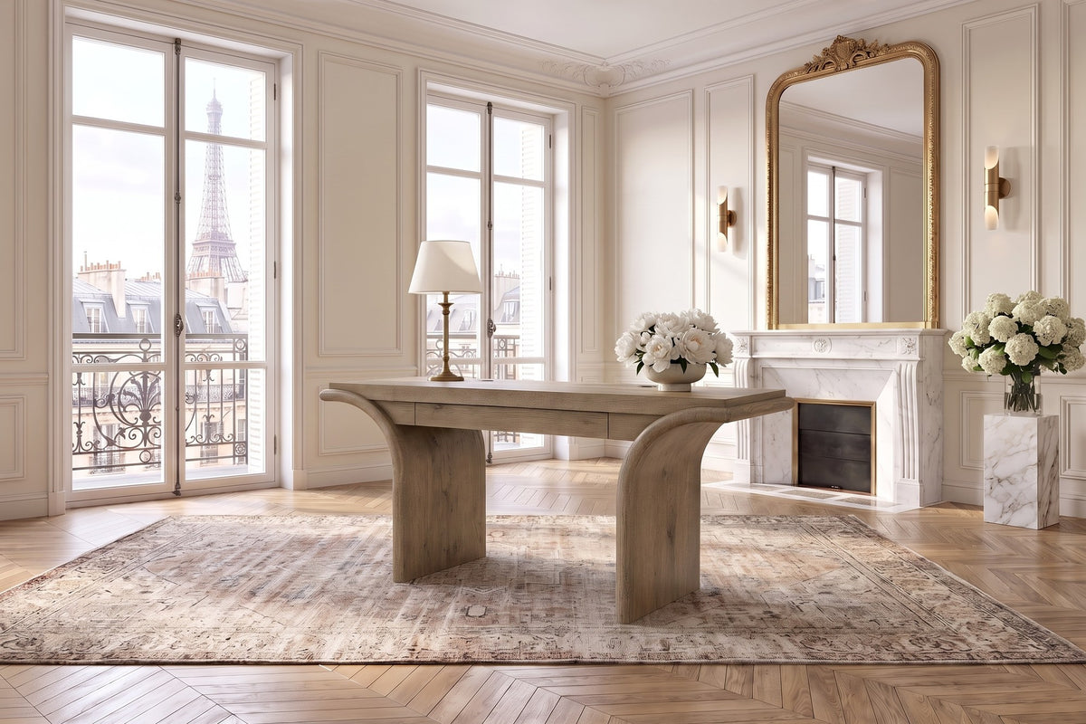 Polistena 60-Inch 1-Drawer Knotty Oak Veneer Waterfall Writing Desk in a Paris salon