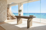 Polistena 60-Inch 1-Drawer Knotty Oak Veneer Waterfall Writing Desk in an oceanfront glass house
