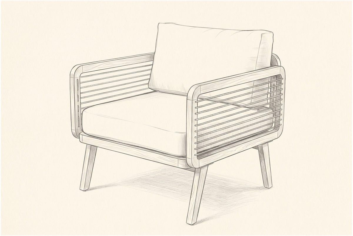 Pencil sketch of the Polizzi lounge armchair, three-quarter view