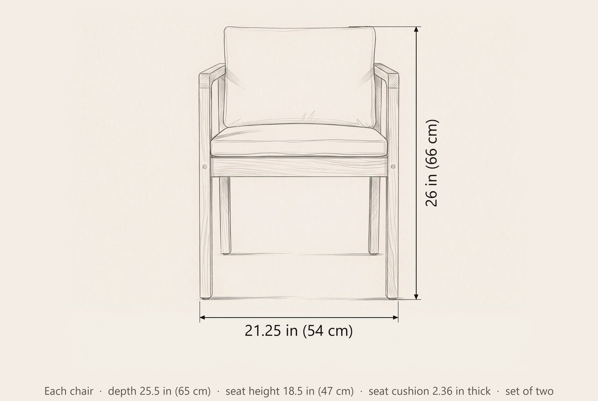 Pollina dining armchair dimensions: each chair 21.25 in wide and 26 in high, 25.5 in deep, seat height 18.5 in
