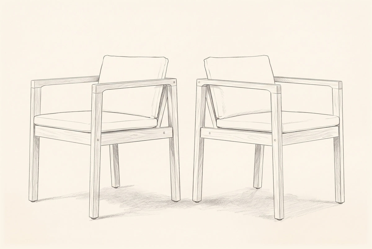 Pencil sketch of the two Pollina dining armchairs, three-quarter view