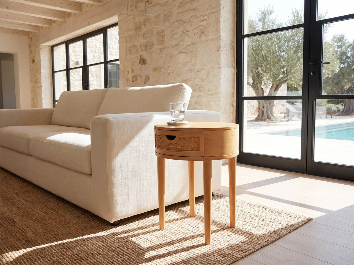 Pontedera Cane and Wood Round Side Table beside a linen sofa in a poolside villa
