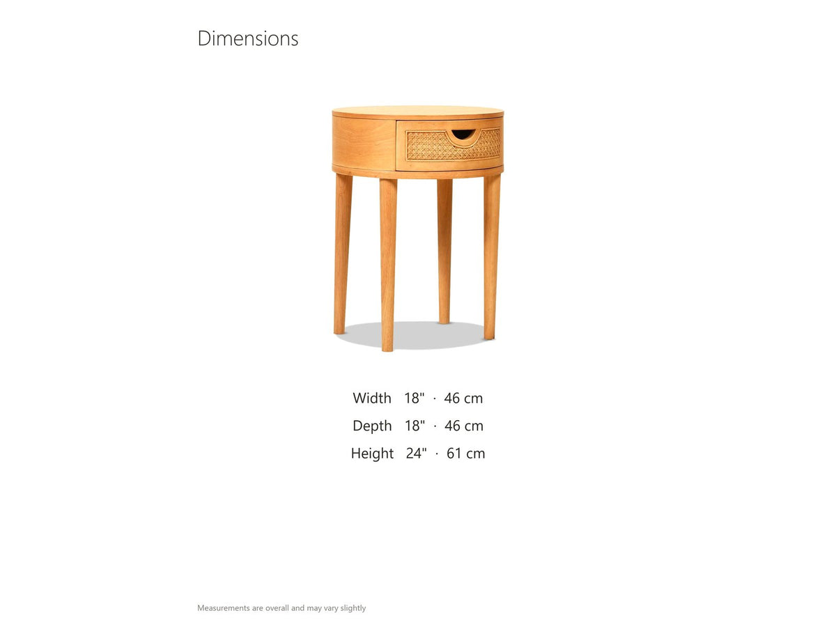Pontedera Cane and Wood Round Side Table dimensions: 18.0 in wide, 18.0 in deep, 24.0 in high