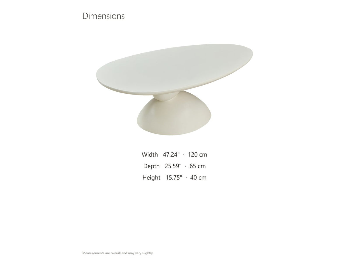 Ponza Milk White Fiberglass Pebble Coffee Table dimensions: 47.24 in wide, 25.59 in deep, 15.75 in high