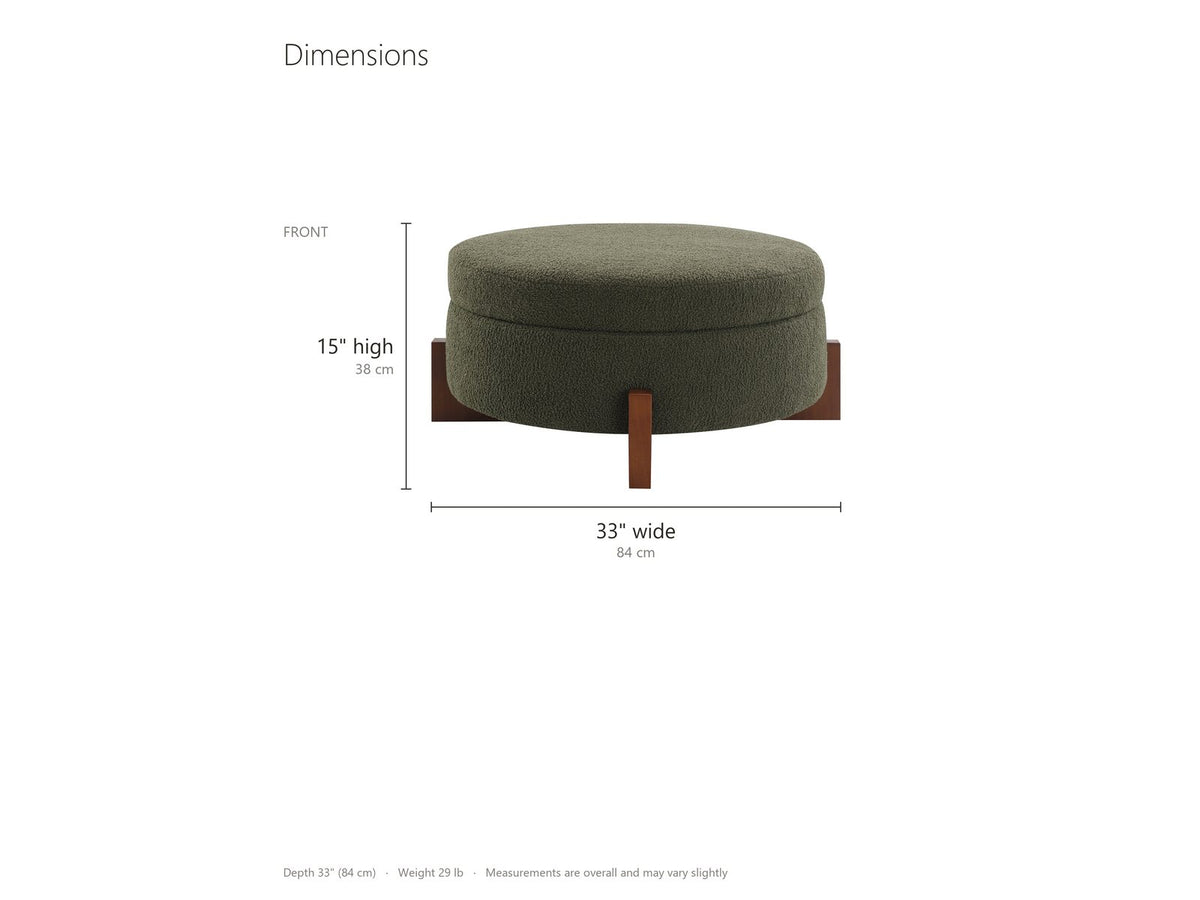 Portofino Round Storage Ottoman dimensions: 33 in wide, 33 in deep, 15 in high
