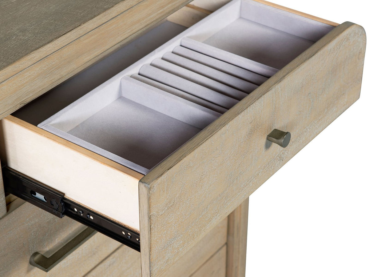 Close-up of the Portogruaro 70-Inch Weathered Mango 9-Drawer Dresser: tray