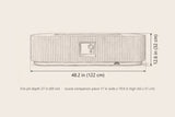 Portopalo fire pit dimensions: 48.2 in long, 12.6 in high, 27 in deep; round piece 17 in wide, 19.9 in high