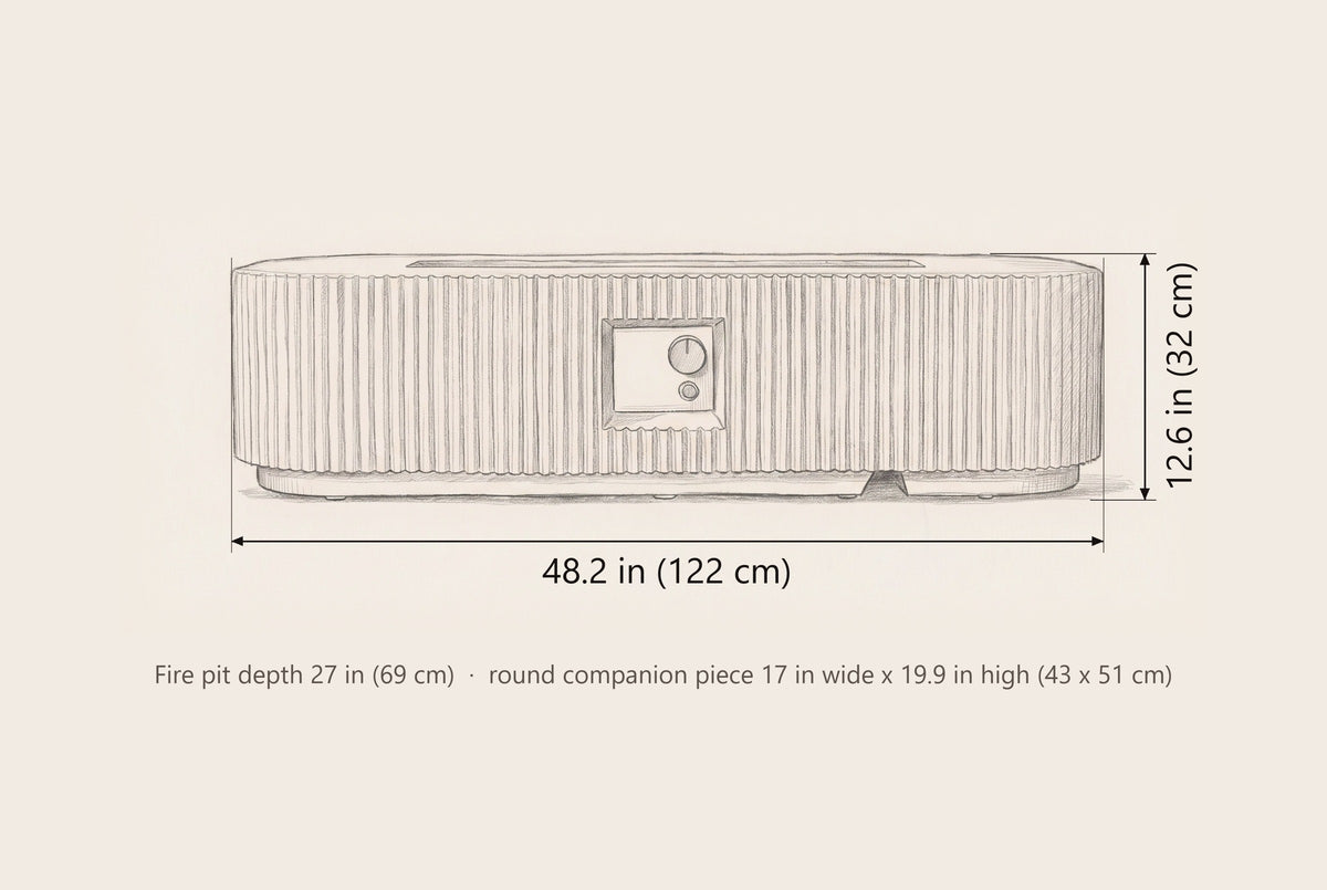Portopalo fire pit dimensions: 48.2 in long, 12.6 in high, 27 in deep; round piece 17 in wide, 19.9 in high