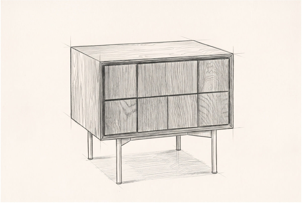Pencil sketch of the Posada nightstand, drawn from the same three-quarter view