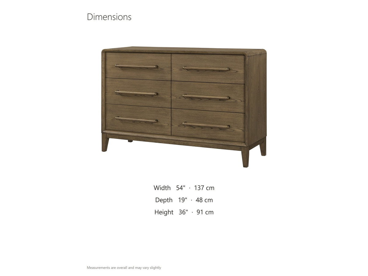 Possagno 54-Inch Latte Elm 6-Drawer Dresser dimensions: 54.0 in wide, 19.0 in deep, 36.0 in high