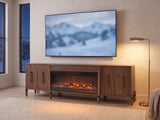 Praiano Walnut Fireplace Media Console seen from the side, under a screen showing a snowy landscape on a winter evening