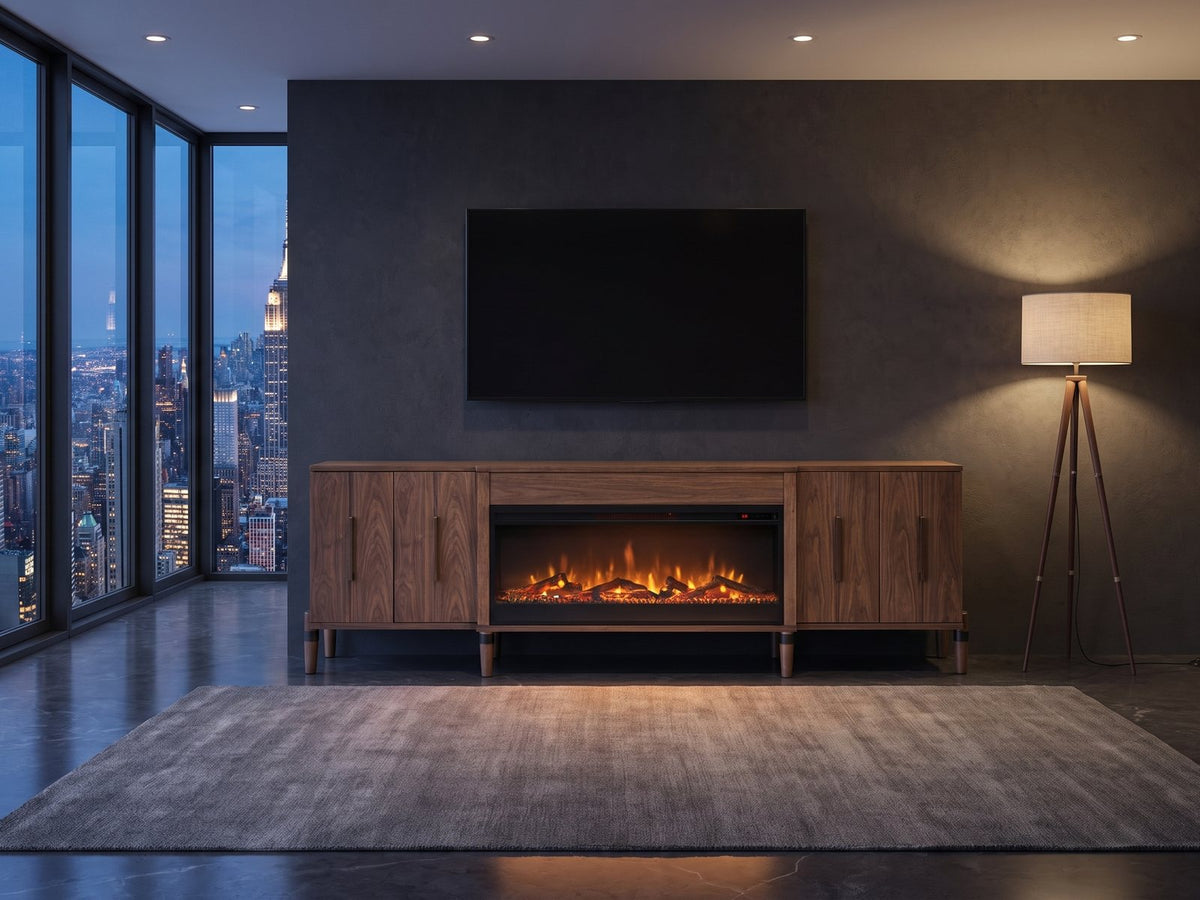 Praiano Walnut Fireplace Media Console under a wall-mounted screen in a city penthouse at blue hour
