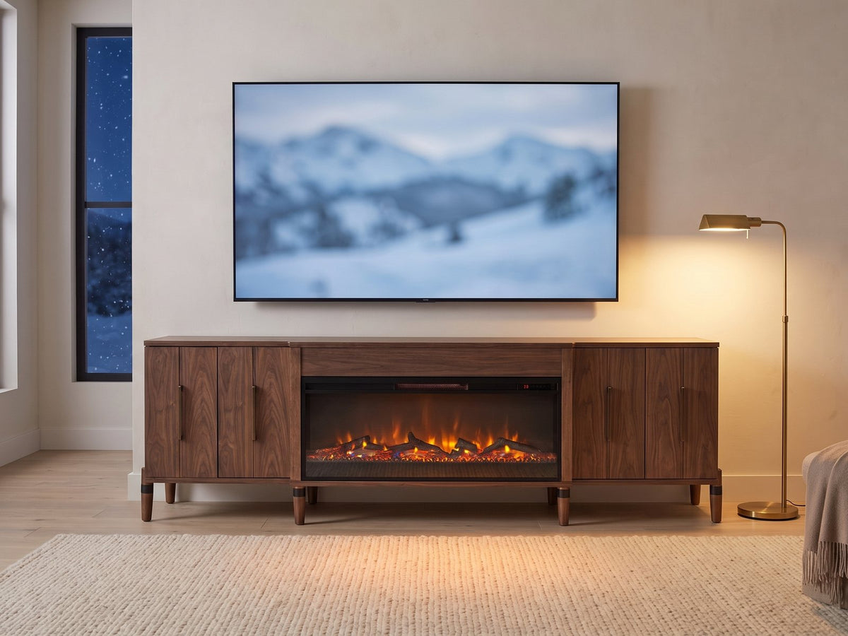 Praiano Walnut Fireplace Media Console under a screen showing a snowy landscape on a winter evening