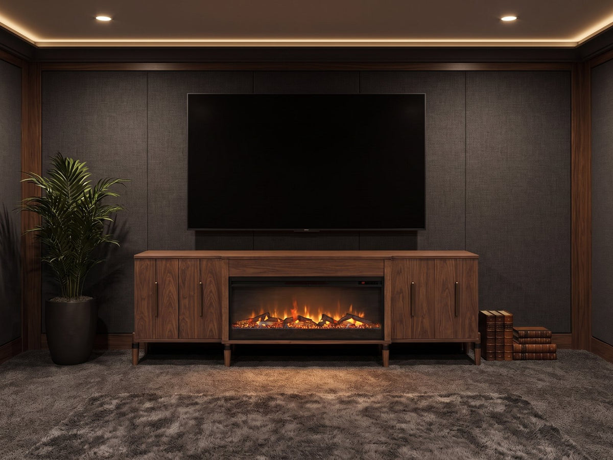 Praiano Walnut Fireplace Media Console under a large screen in a private home theater