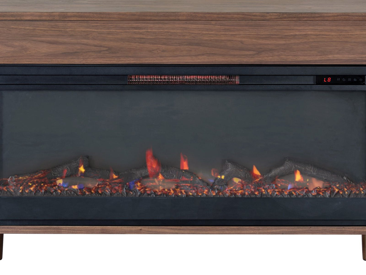 Close-up of the Praiano Walnut Fireplace Media Console: fireplace