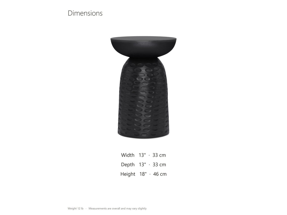 Presicce Black Mango Scalloped Pedestal Side Table dimensions: 13.0 in wide, 13.0 in deep, 18.0 in high