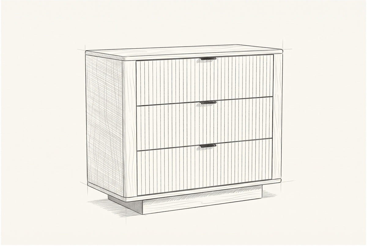 Pencil sketch of the Pula nightstand, drawn from the same three-quarter view