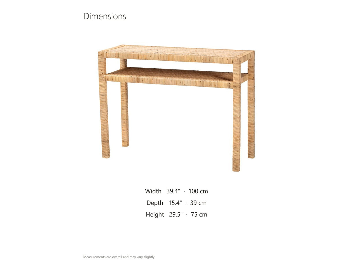 Putignano Wrapped Rattan Two-Tier Console Table dimensions: 39.4 in wide, 15.4 in deep, 29.5 in high