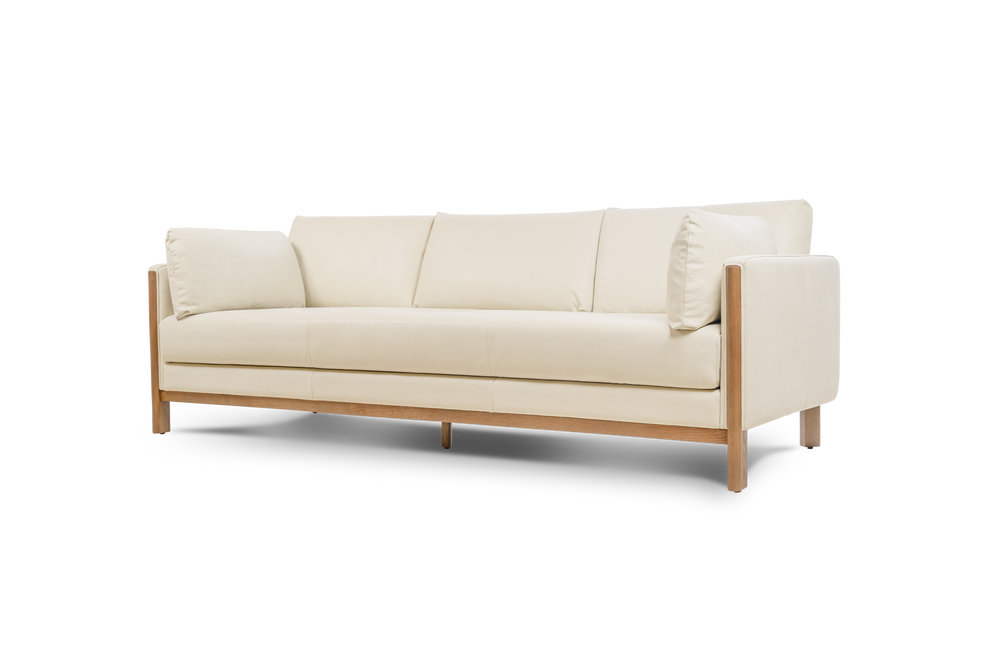 Matera Leather Three Seats Sofa with Wooden Legs, Beige