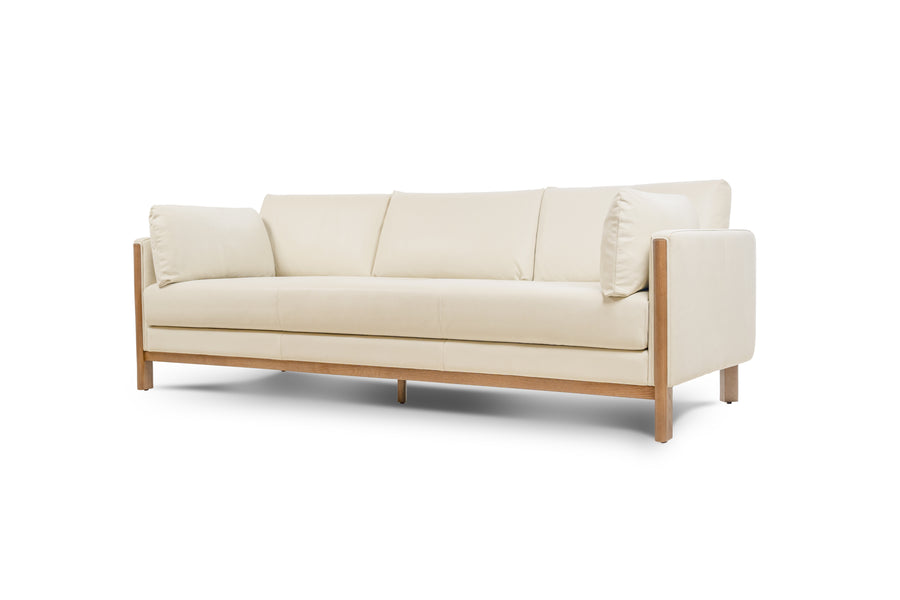 Matera Leather Three Seats Sofa with Wooden Legs, Beige