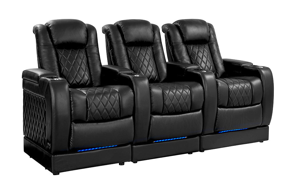 Valencia Tuscany Leather Home Theater Seating with Risers Row of 3, Midnight Black