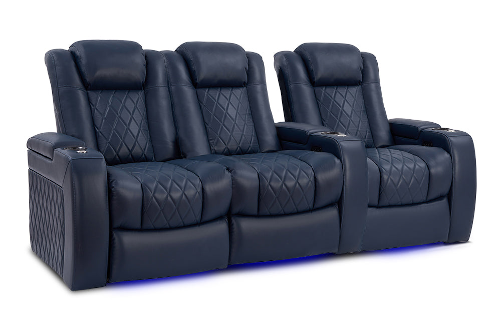 Valencia Tuscany Leather Home Theater Seating Row of 3 Loveseat Left, Navy Blue