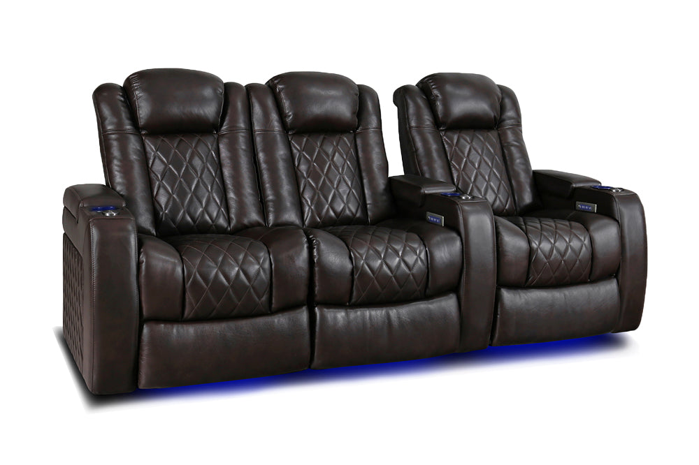 Valencia Tuscany Leather Home Theater Seating Row of 3 Loveseat Left, Dark Chocolate