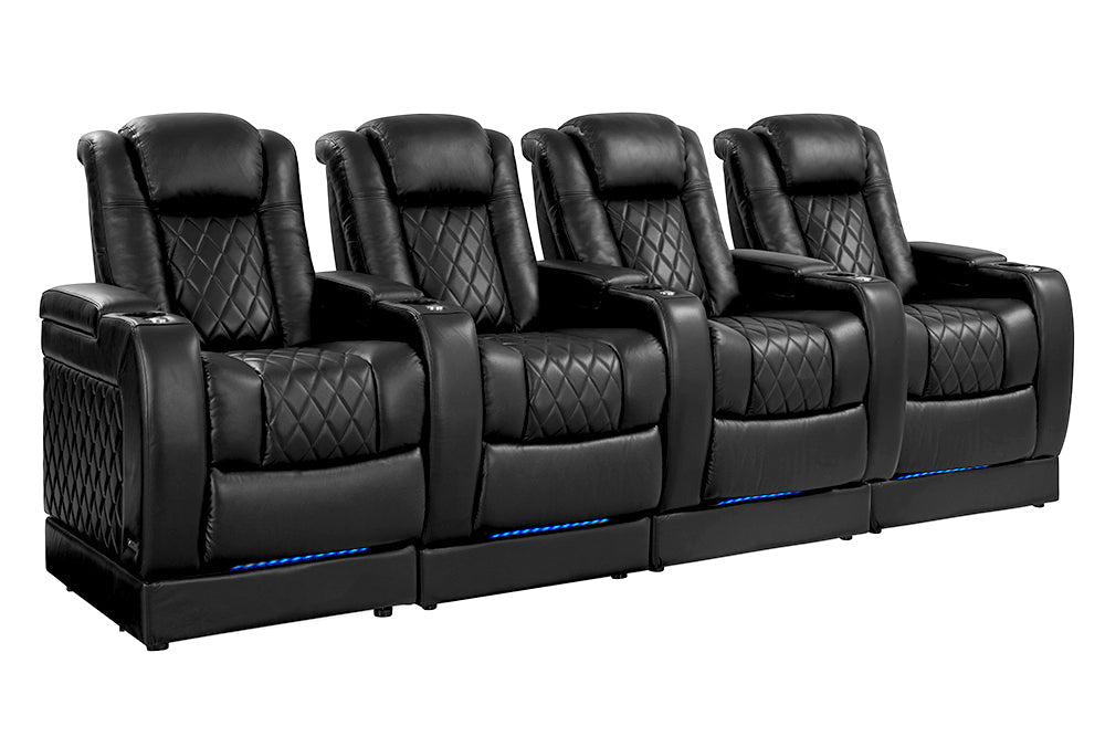 Valencia Tuscany Leather Home Theater Seating with Risers Row of 4, Midnight Black