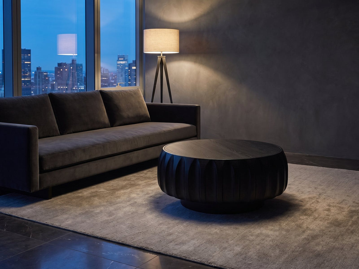 Radda Black Carved Wood Drum Coffee Table on a wool rug in front of a velvet sofa in a city penthouse at blue hour
